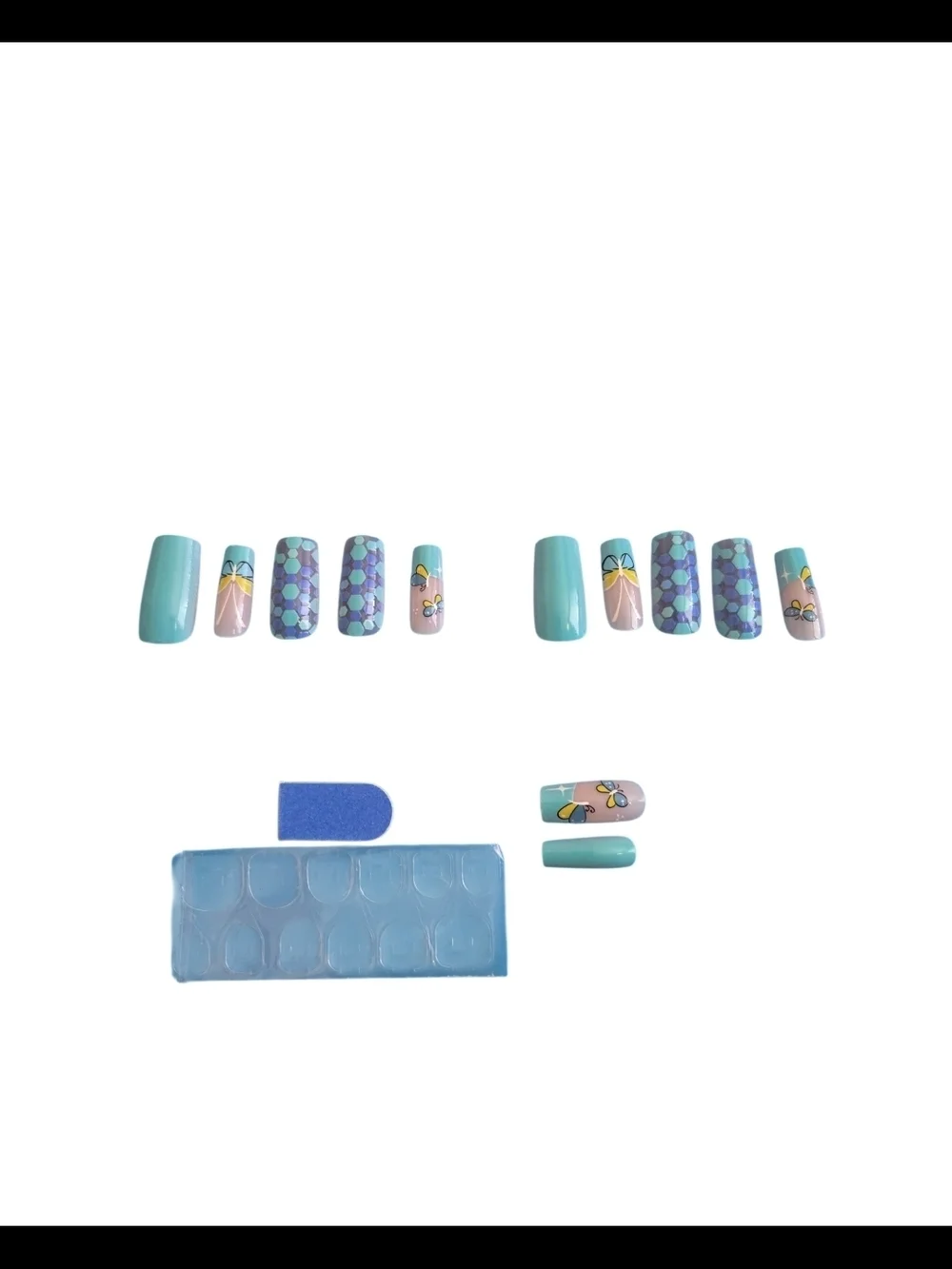 4/$15 Aqua & Lilac Butterfly Gel Nail Set Size Large Reusable W/ Adhesive
